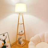 Checkered Modern Wood Tripod LED Floor Lamp with Shelf Image - 3