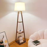 Checkered Modern Wood Tripod LED Floor Lamp with Shelf Image - 4