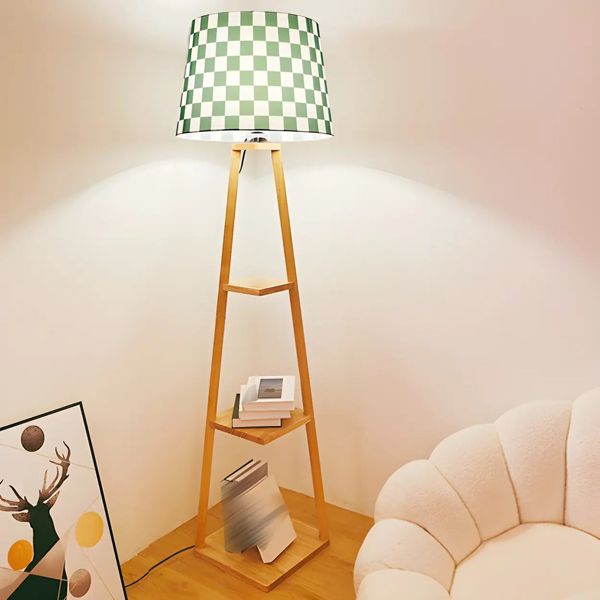 Checkered Modern Wood Tripod LED Floor Lamp with Shelf Image - 5