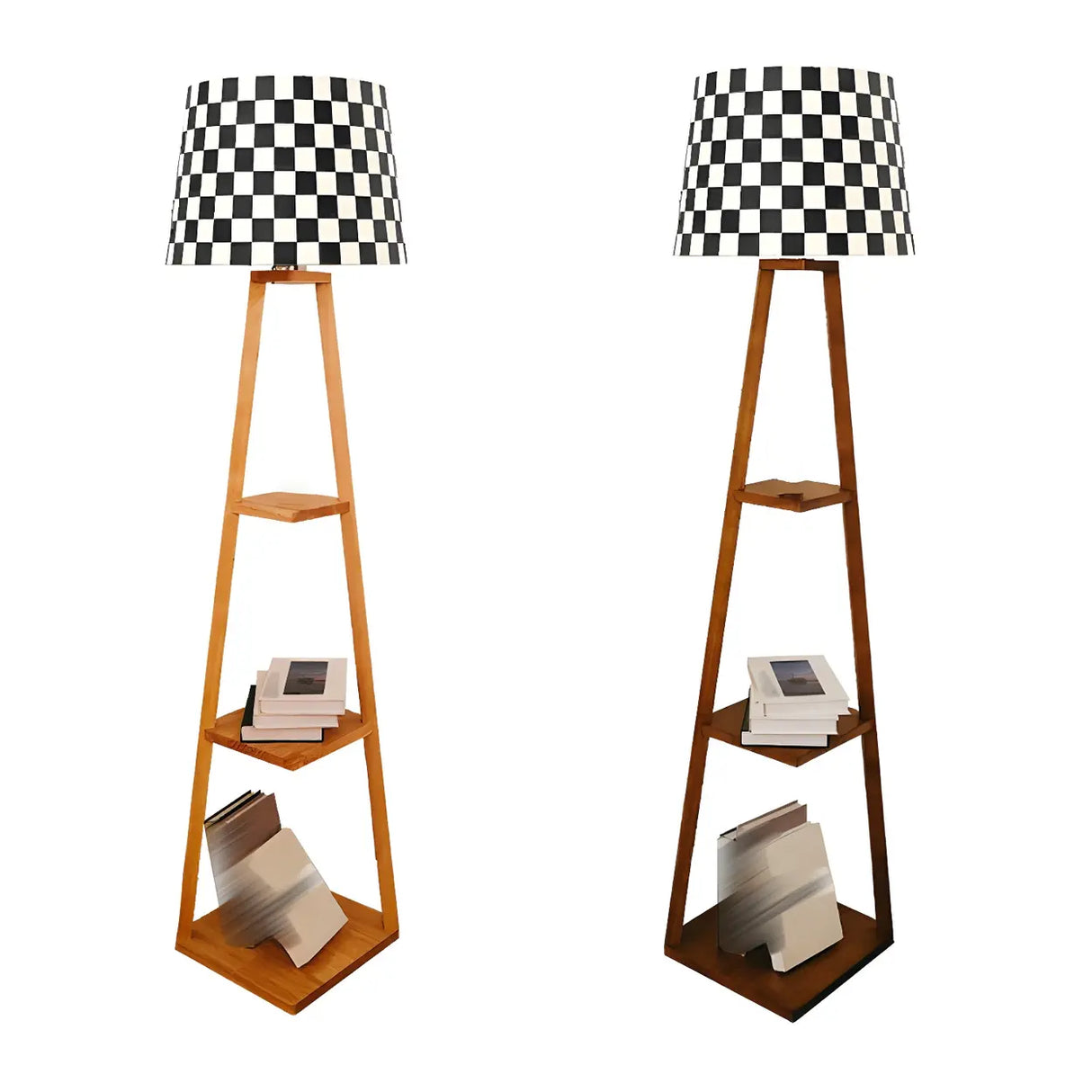 Checkered Modern Wood Tripod LED Floor Lamp with Shelf Image - 6