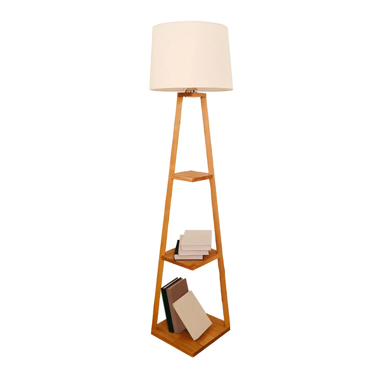 Checkered Modern Wood Tripod LED Floor Lamp with Shelf Image - 8