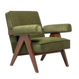 Chenille Fabric Fixed Back Oak Wood Frame Accent Chair Image - 2