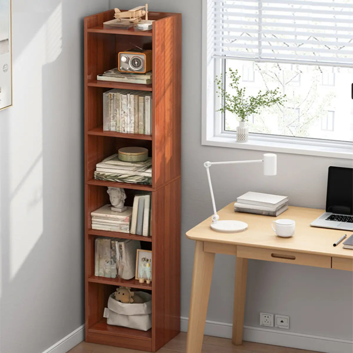 Cherry Simple Vertical Engineered Wood Narrow Bookcase Image - 1