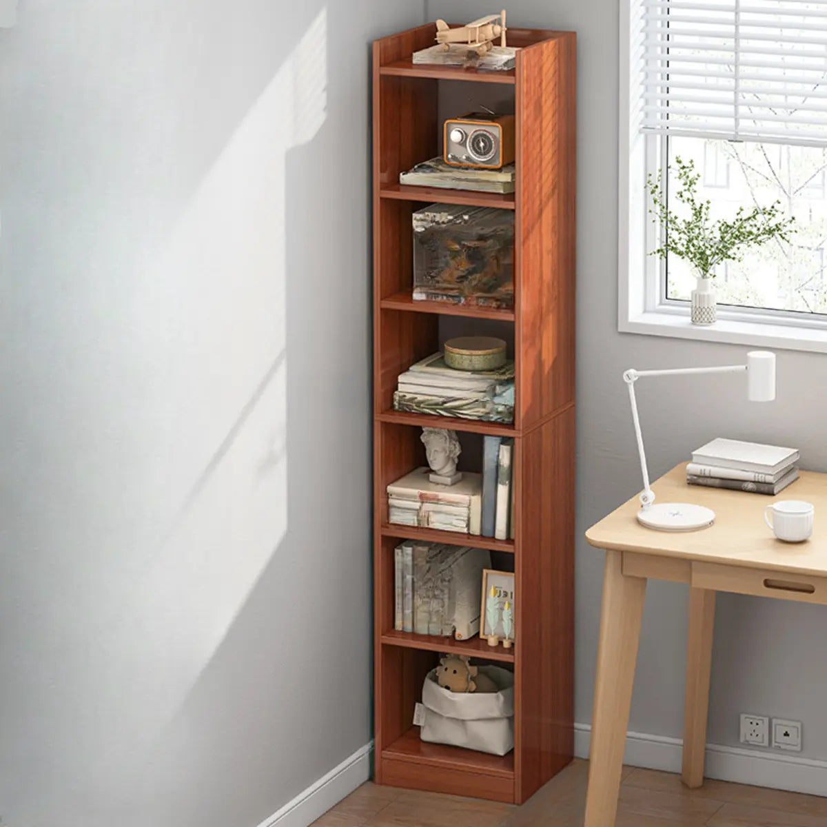 Cherry Simple Vertical Engineered Wood Narrow Bookcase Image - 11