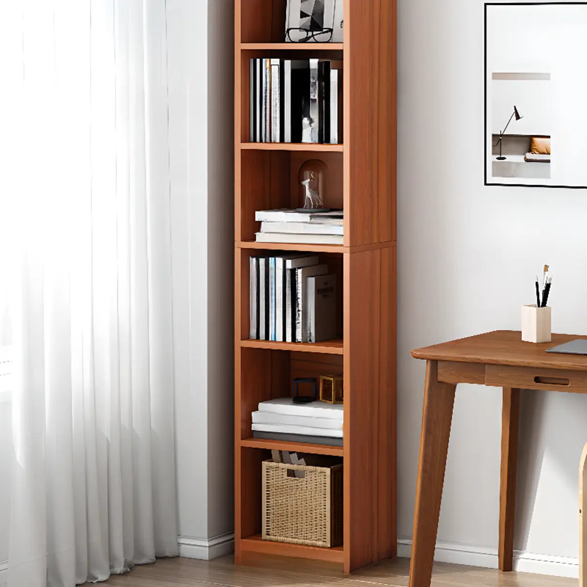 Cherry Simple Vertical Engineered Wood Narrow Bookcase Image - 12