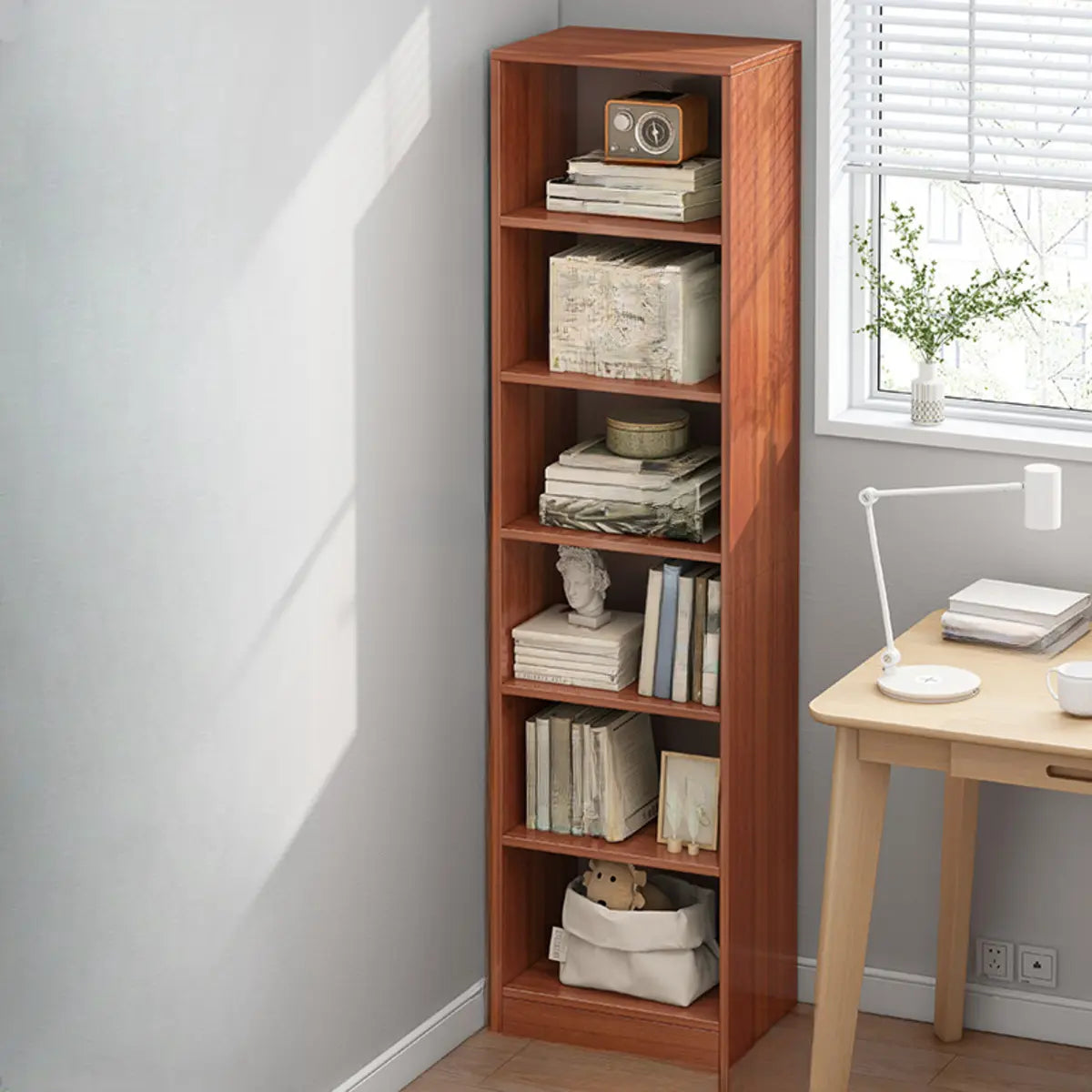 Cherry Simple Vertical Engineered Wood Narrow Bookcase Image - 13