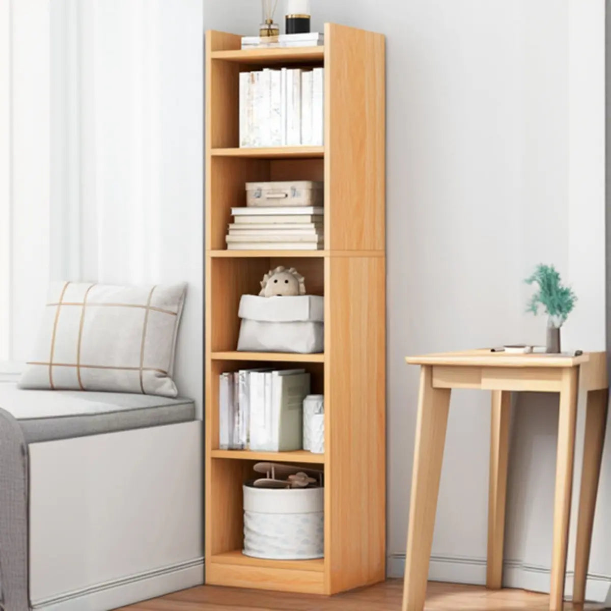 Cherry Simple Vertical Engineered Wood Narrow Bookcase Image - 17