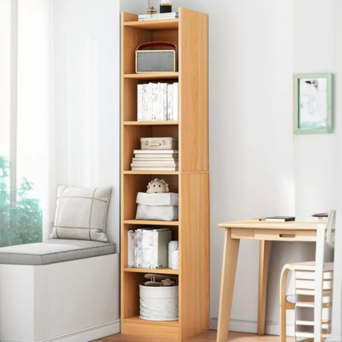 Cherry Simple Vertical Engineered Wood Narrow Bookcase Image - 22