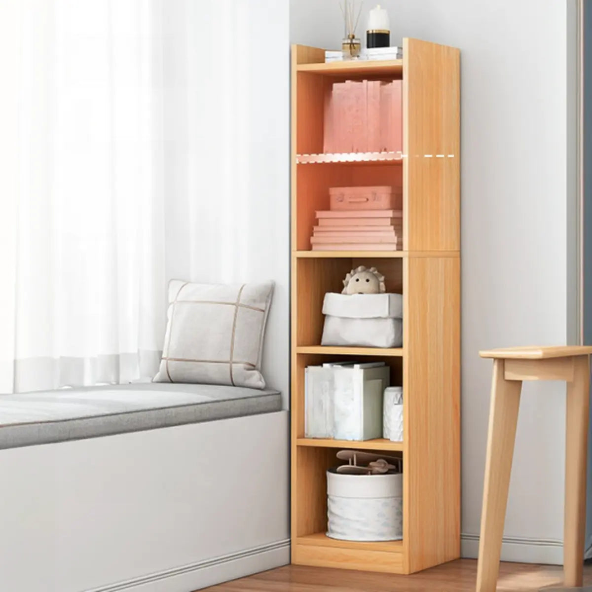 Cherry Simple Vertical Engineered Wood Narrow Bookcase Image - 3