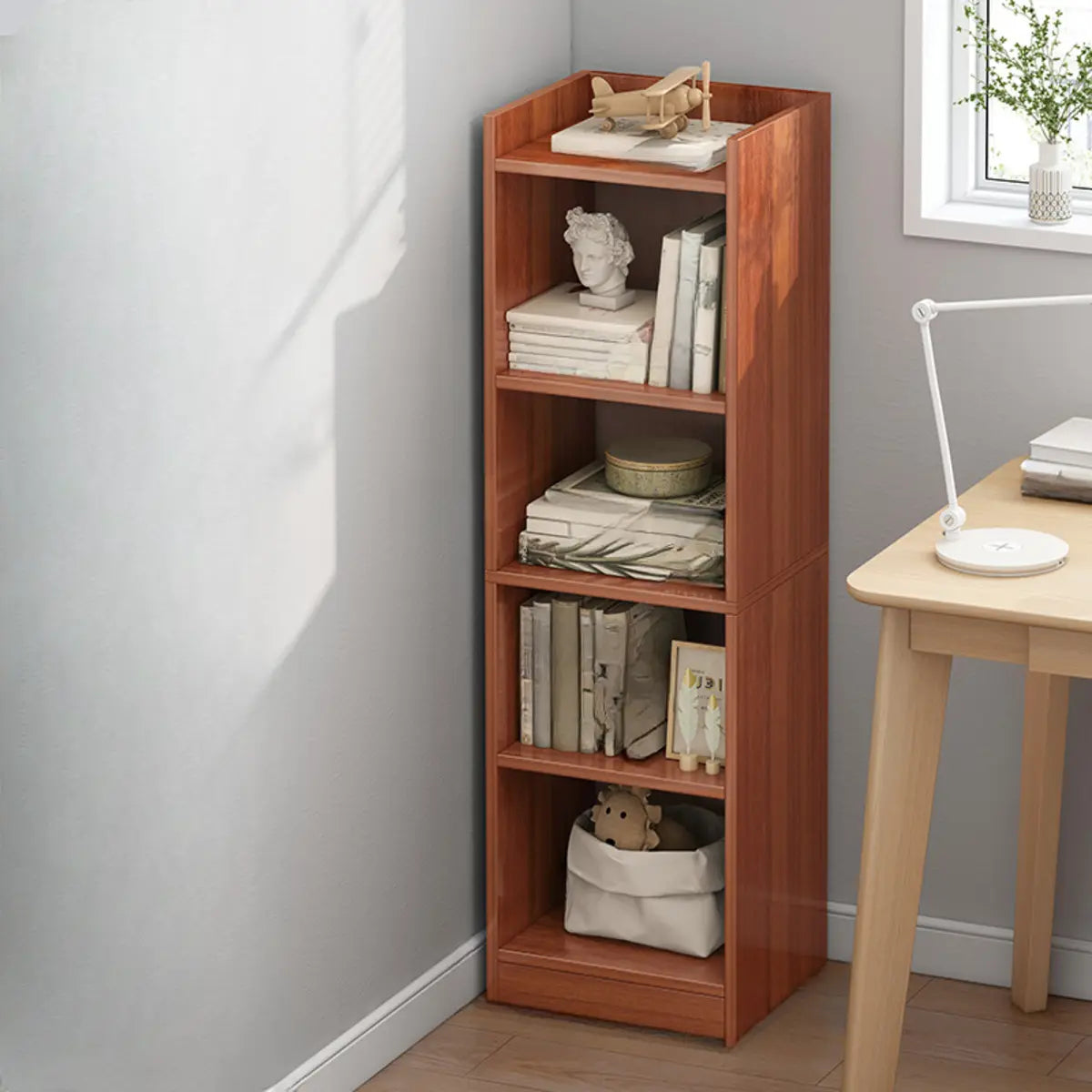 Cherry Simple Vertical Engineered Wood Narrow Bookcase Image - 4