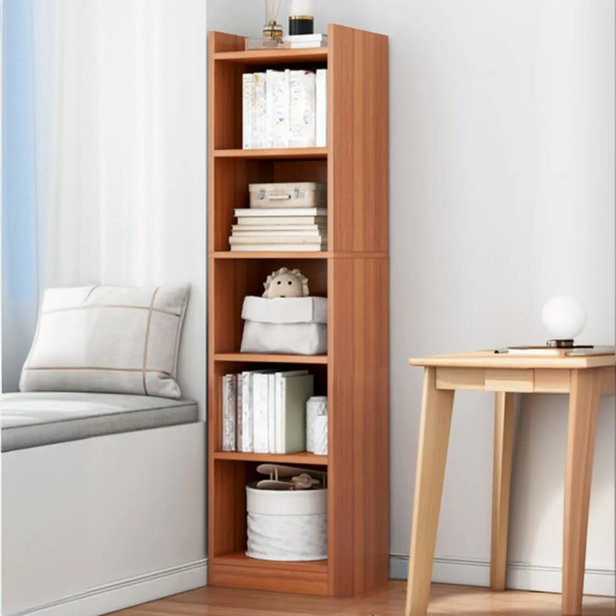 Cherry Simple Vertical Engineered Wood Narrow Bookcase Image - 7