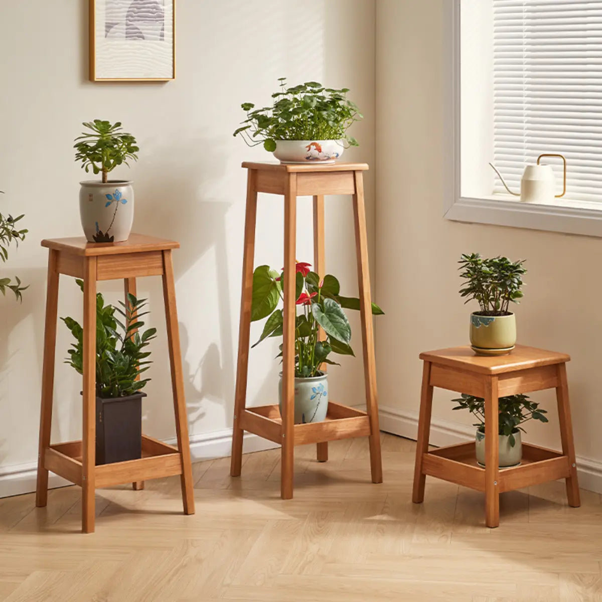 Cherry Square 2 Tiers Rubberwood Indoor Plant Stand Image - 1