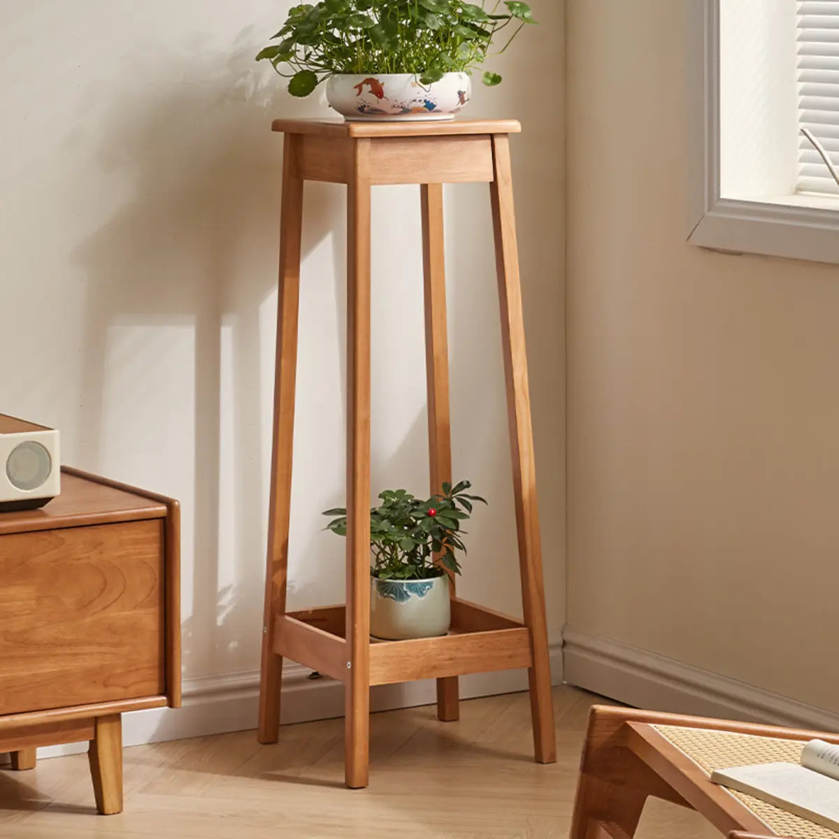 Cherry Square 2 Tiers Rubberwood Indoor Plant Stand Image - 3