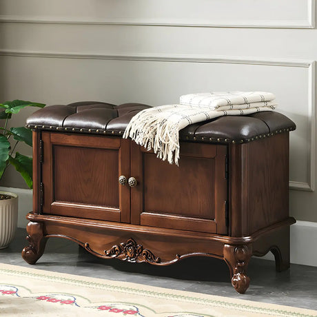 Cherry Wood Tufted Entryway Bench with Cabinets Image - 1