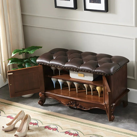 Cherry Wood Tufted Entryway Bench with Cabinets Image - 2