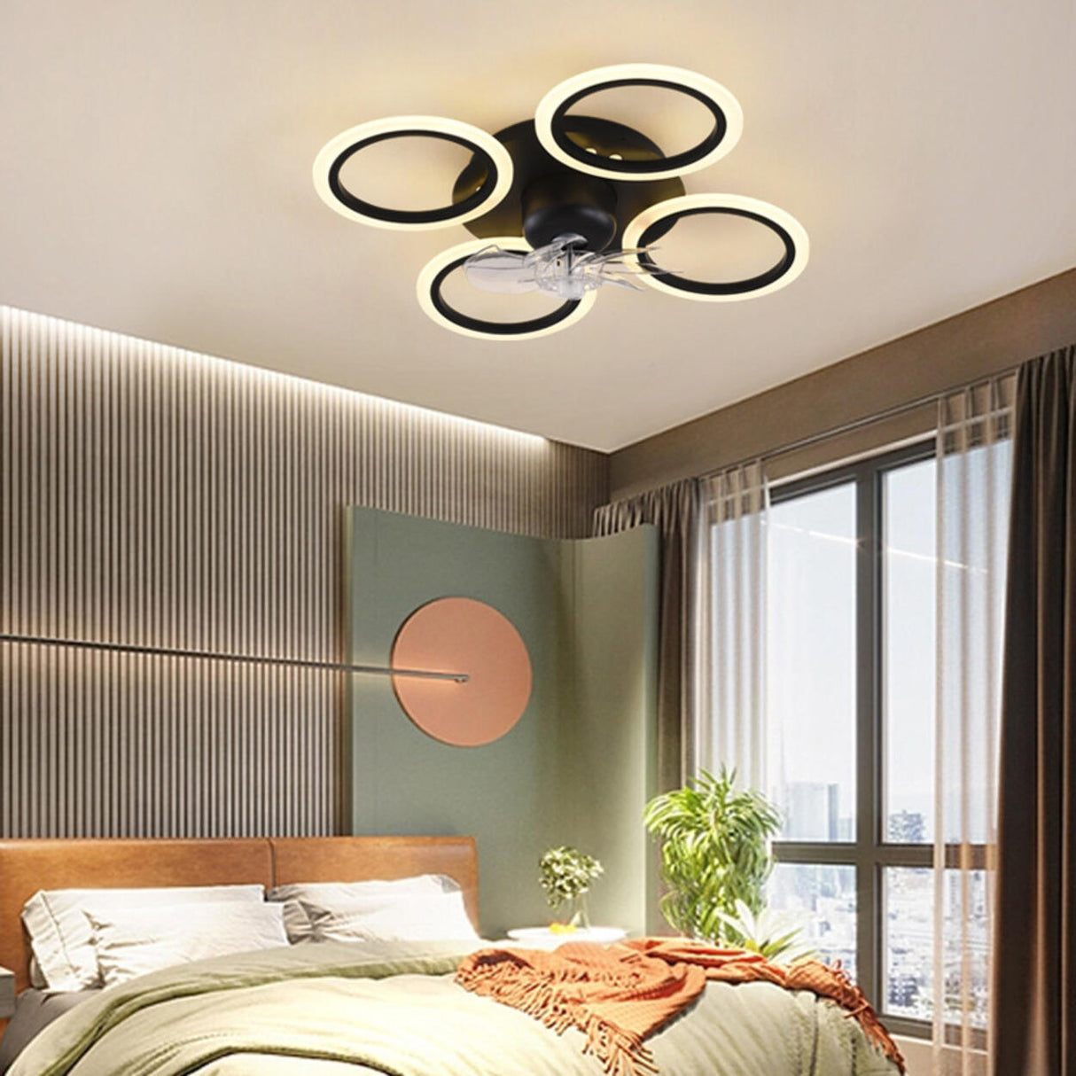 Chic 4 Rings Remote Dimmable Modern Ceiling Fan Light Image - 3