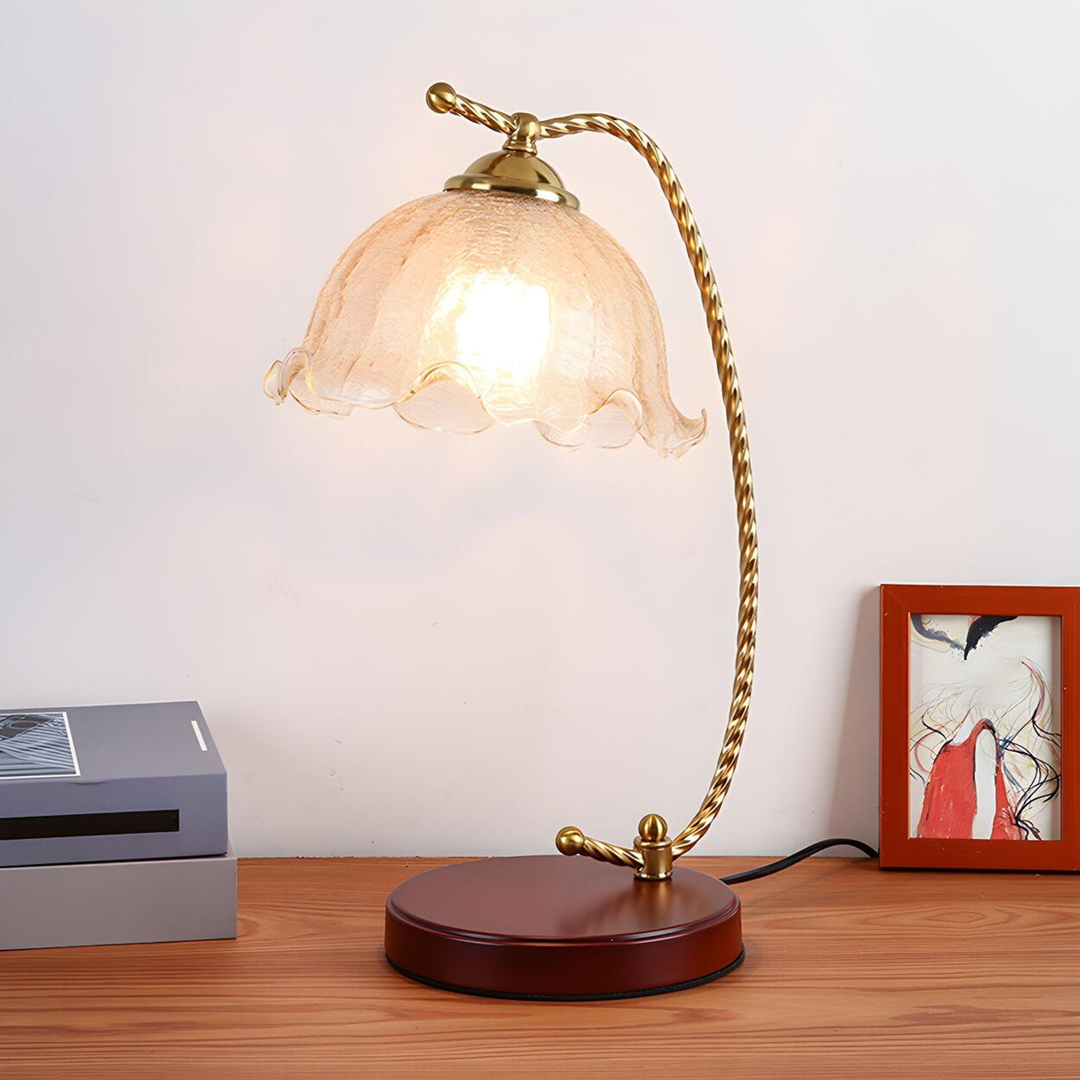 Chic Bell Glass Shade Curved Rope Metal Arm Table Lamp Image - 1