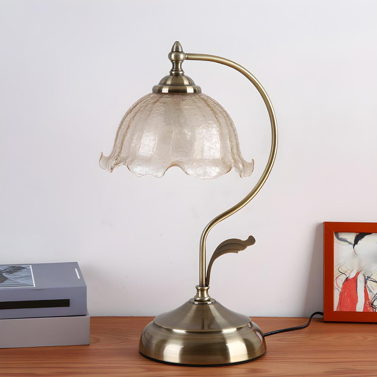 Chic Bell Glass Shade Curved Rope Metal Arm Table Lamp Image - 16