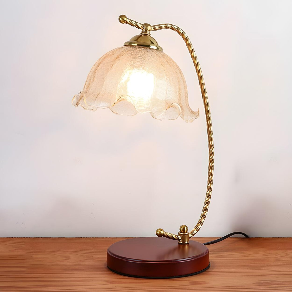 Chic Bell Glass Shade Curved Rope Metal Arm Table Lamp Image - 2