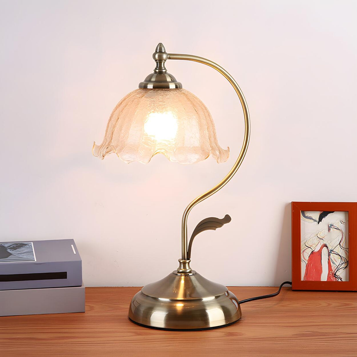 Chic Bell Glass Shade Curved Rope Metal Arm Table Lamp Image - 6