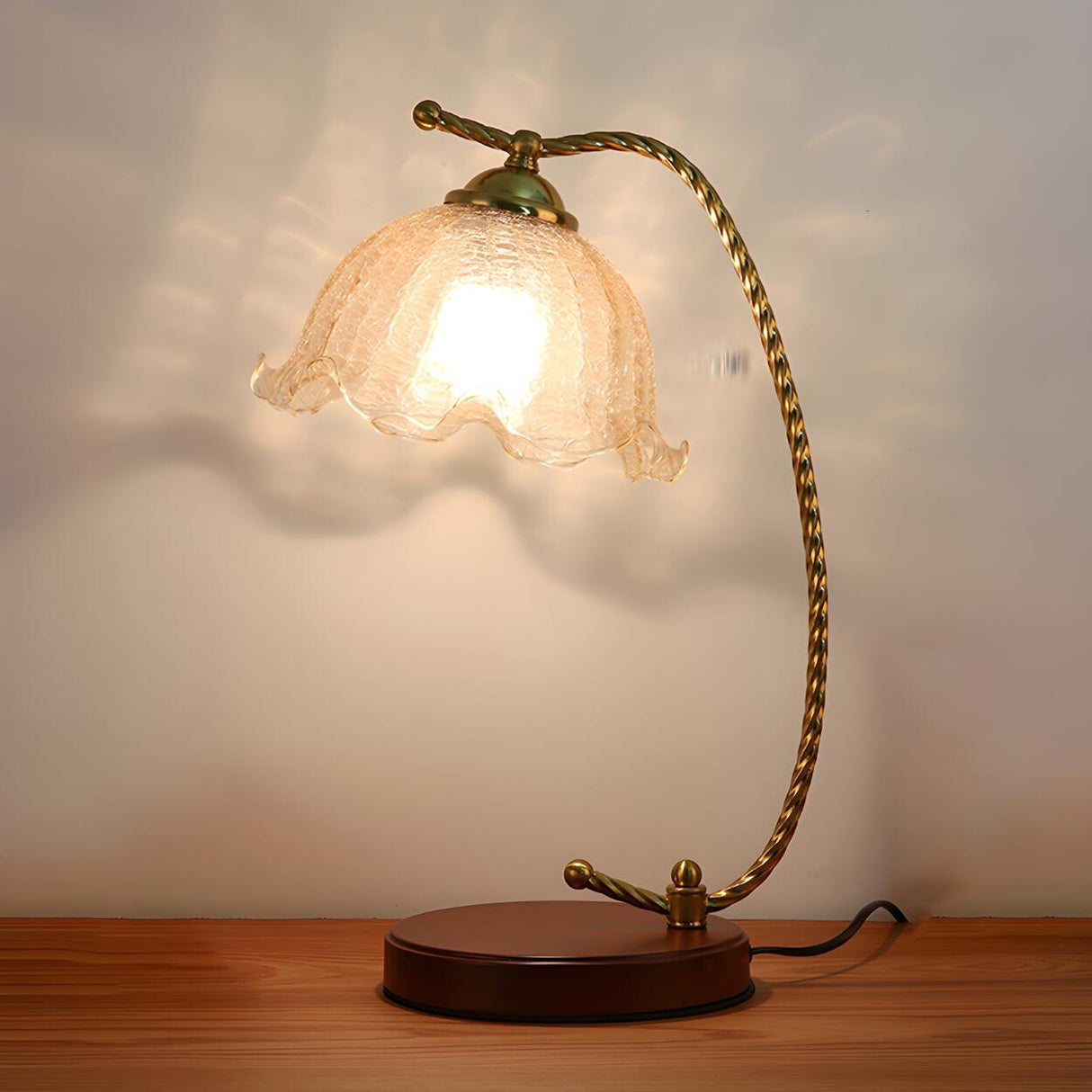 Chic Bell Glass Shade Curved Rope Metal Arm Table Lamp Image - 8