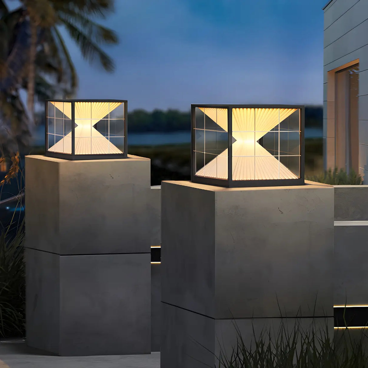 Chic Black Frame Geometric Cube Glass Outdoor Lamp Image - 3