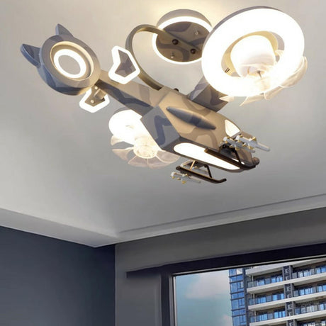 Chic Kids Room Grey Airplane Modern Ceiling Fan Light Image - 2