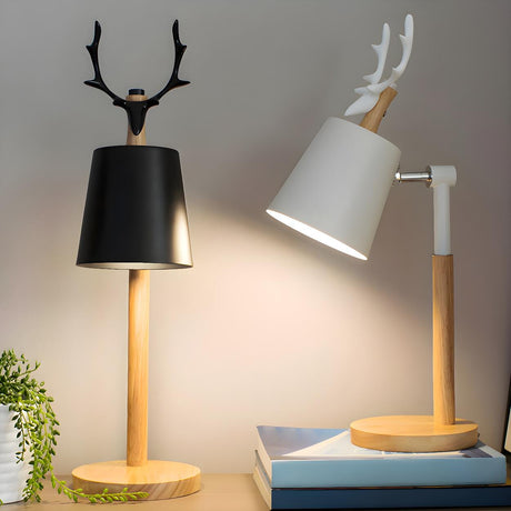 Chic Nordic Antler Barrel Shade Wooden Base Table Lamp Image - 1