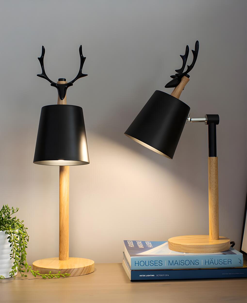 Chic Nordic Antler Barrel Shade Wooden Base Table Lamp Image - 14