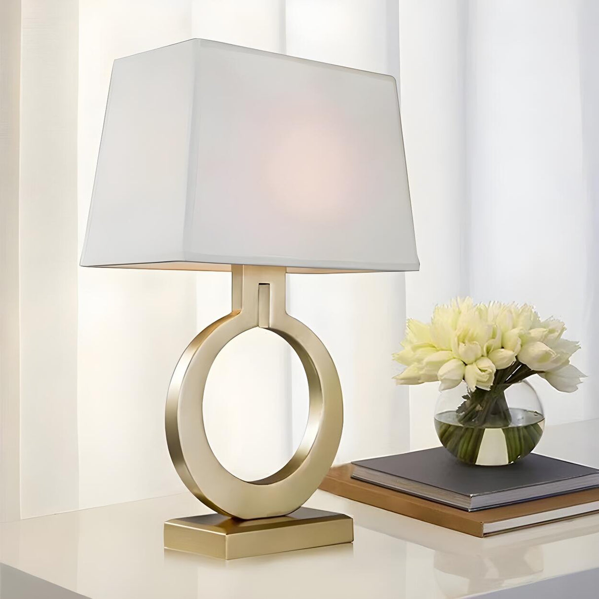 Chic Rectangular Fabric Shade Gold Ring Base Table Lamp Image - 10