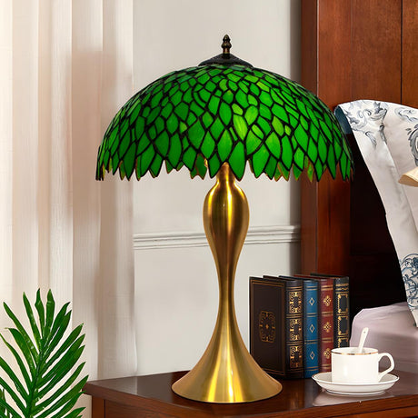 Chic Tiffany Green Leaf Dome Stained Glass Table Lamp Image - 2