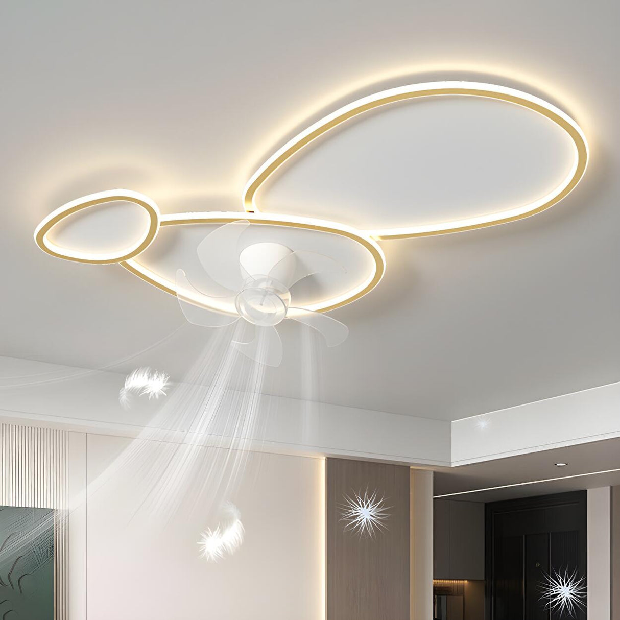 Chic White Flush Geometric Ceiling Fan with LED Light Image - 1