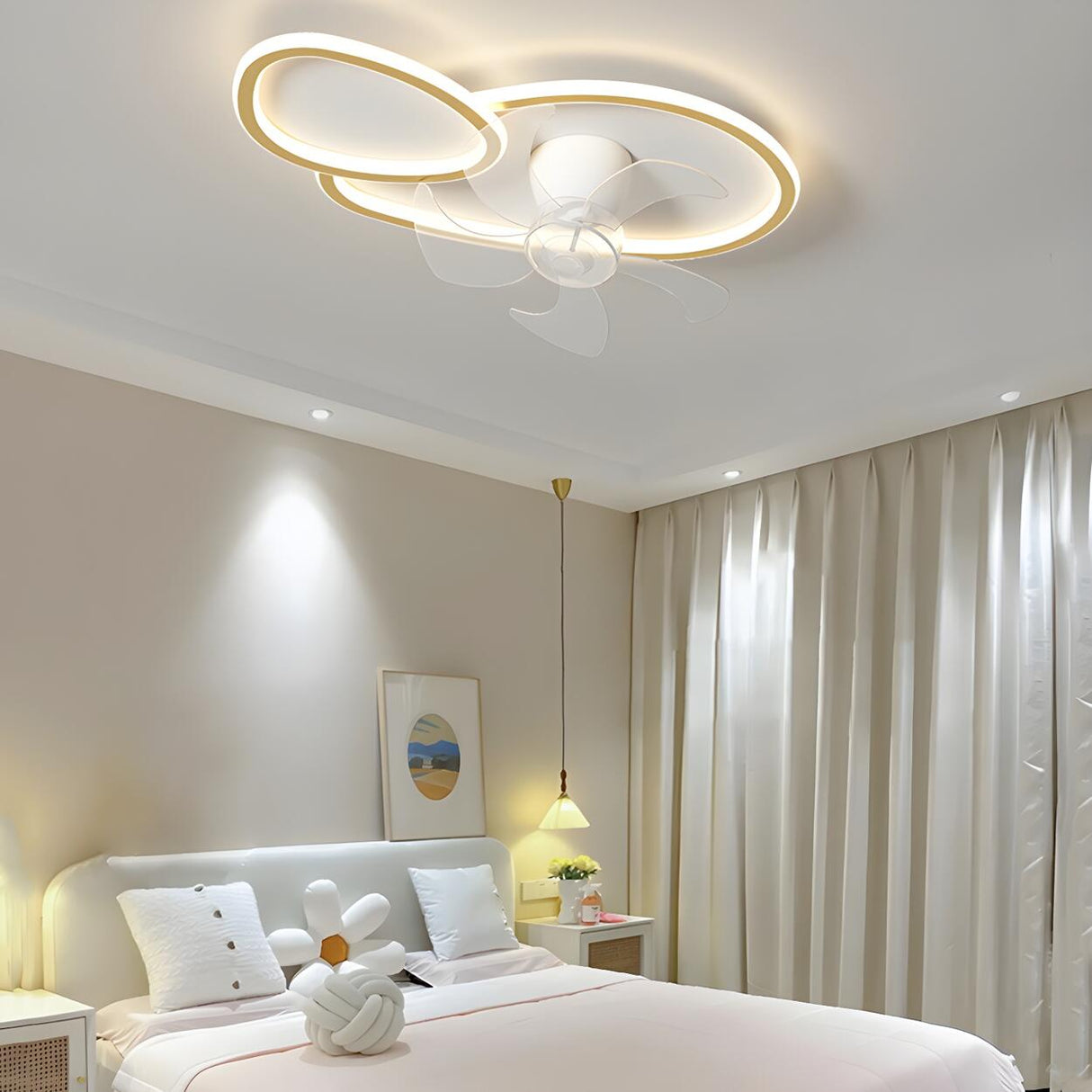 Chic White Flush Geometric Ceiling Fan with LED Light Image - 15