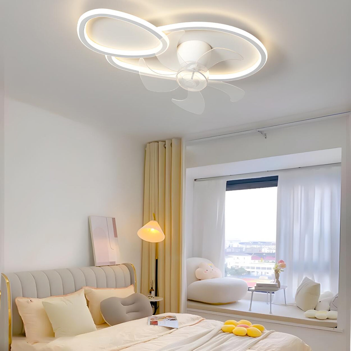 Chic White Flush Geometric Ceiling Fan with LED Light Image - 18