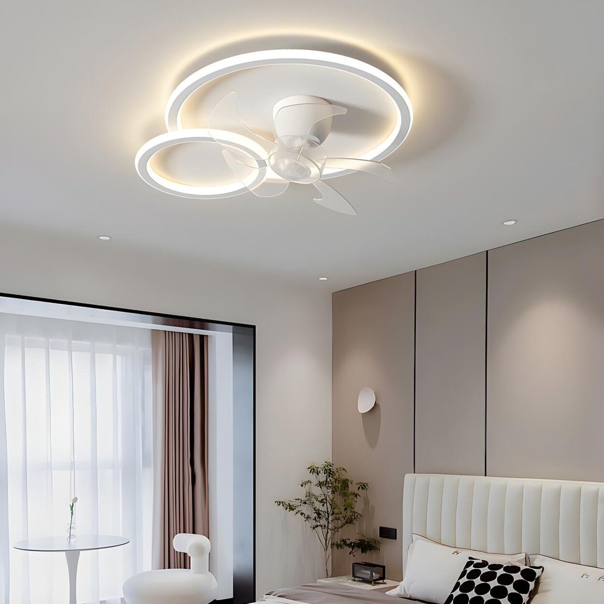 Chic White Flush Geometric Ceiling Fan with LED Light Image - 3