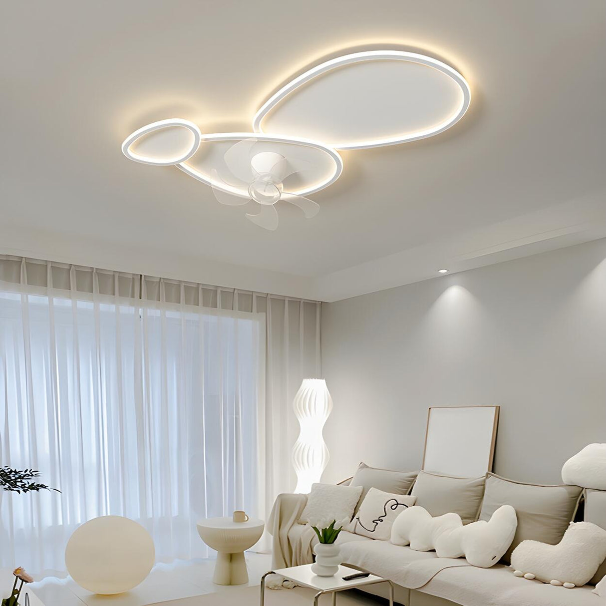 Chic White Flush Geometric Ceiling Fan with LED Light Image - 6