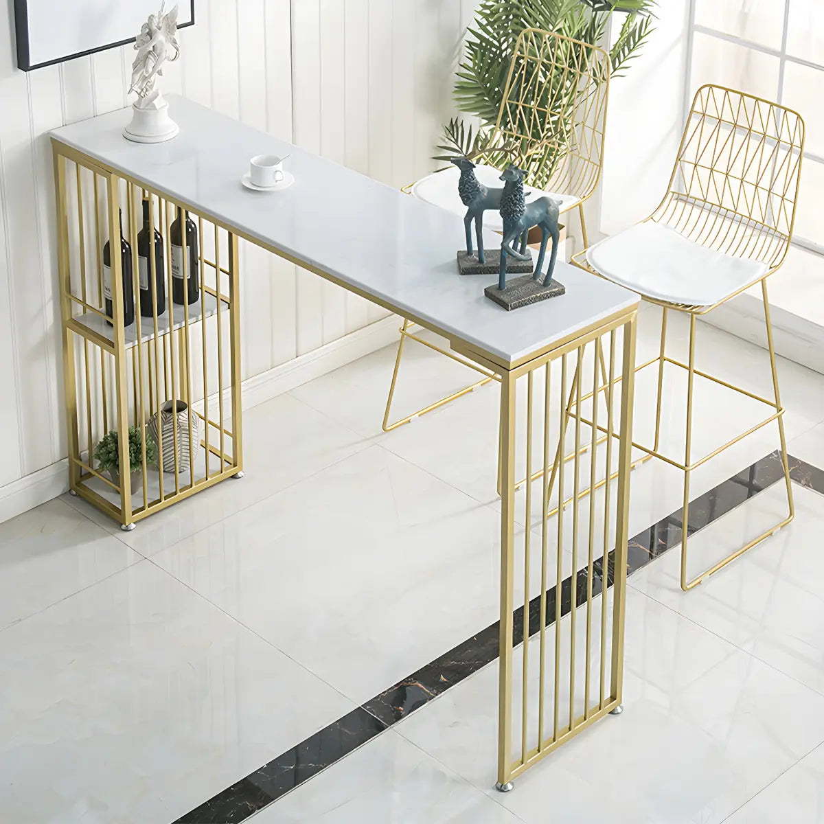 Chic White Rectangular Metal Gold Large Storage Bar Table Image - 5