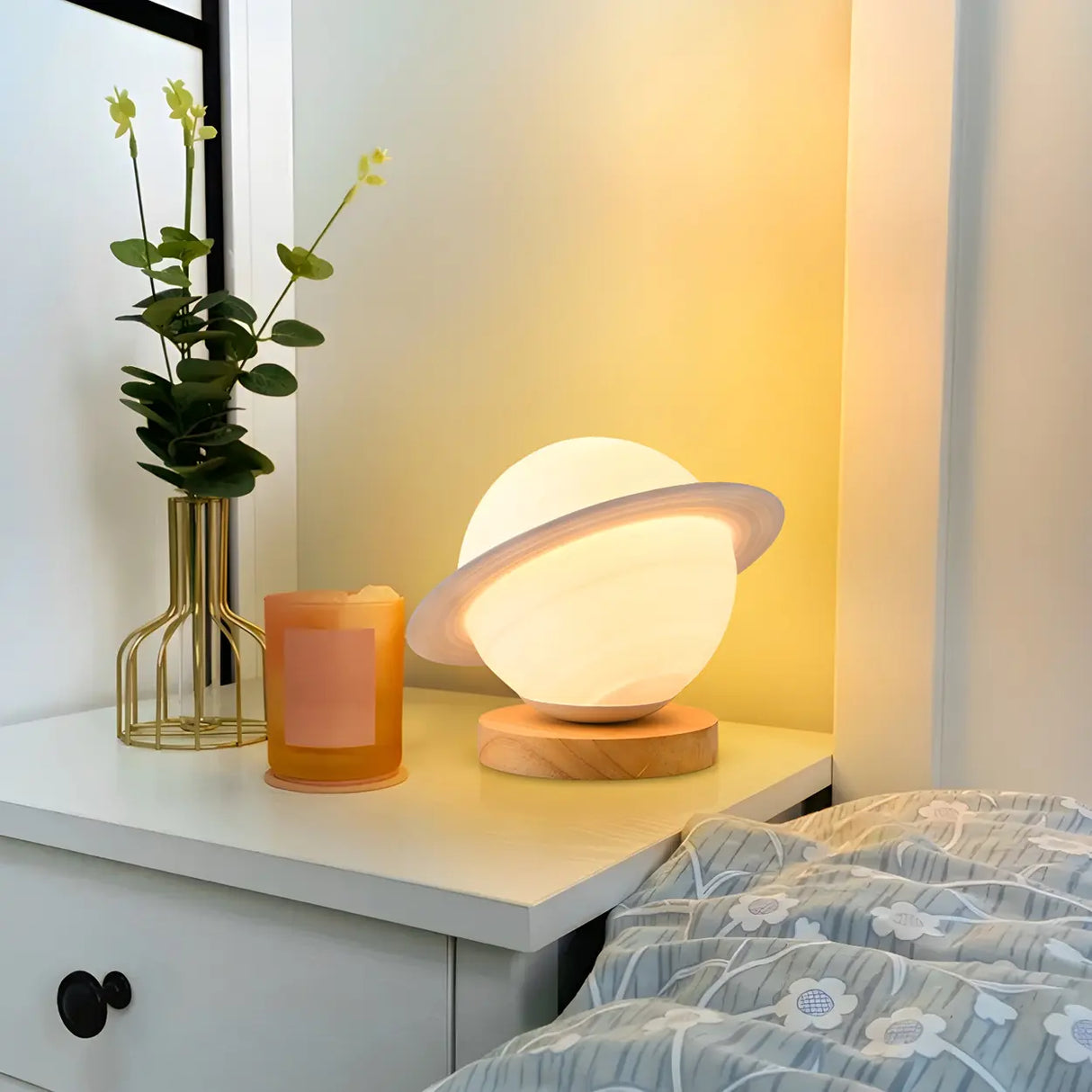 Chic White Wood Saturn Globe LED Bedside Table Lamp Image - 1