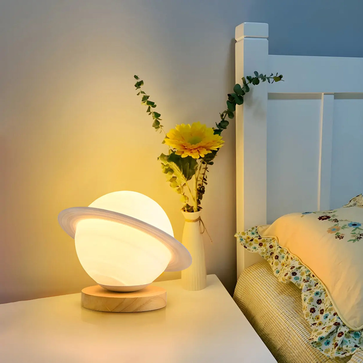 Chic White Wood Saturn Globe LED Bedside Table Lamp Image - 2