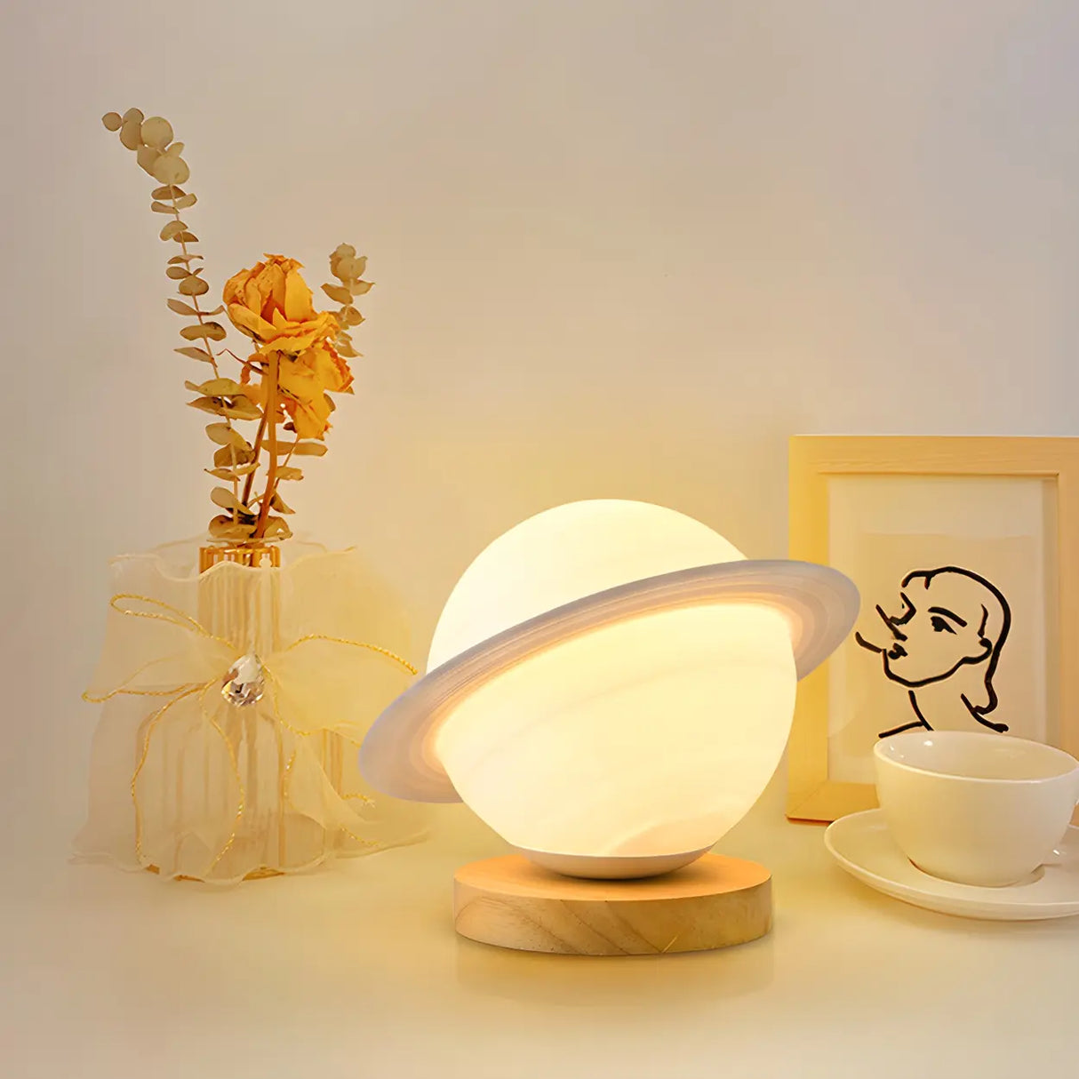 Chic White Wood Saturn Globe LED Bedside Table Lamp Image - 3