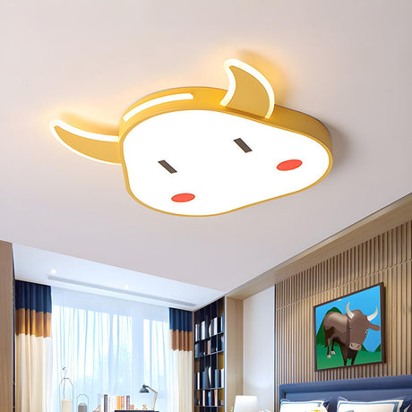 Child Bedroom Cartoon Yellow Calf LED Flush Mount Light Image - 1