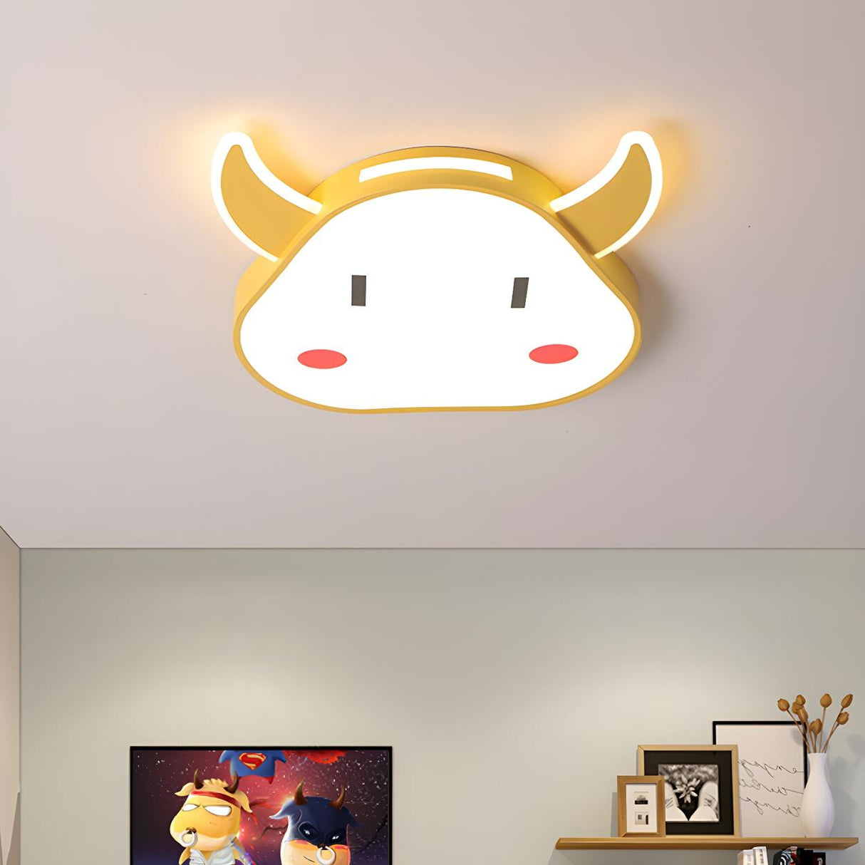 Child Bedroom Cartoon Yellow Calf LED Flush Mount Light Image - 2