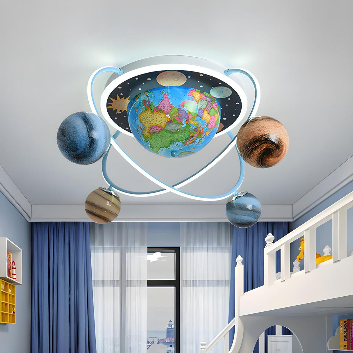 Child Room Blue Planet Orbit Glass Flush Mount Light Image - 1