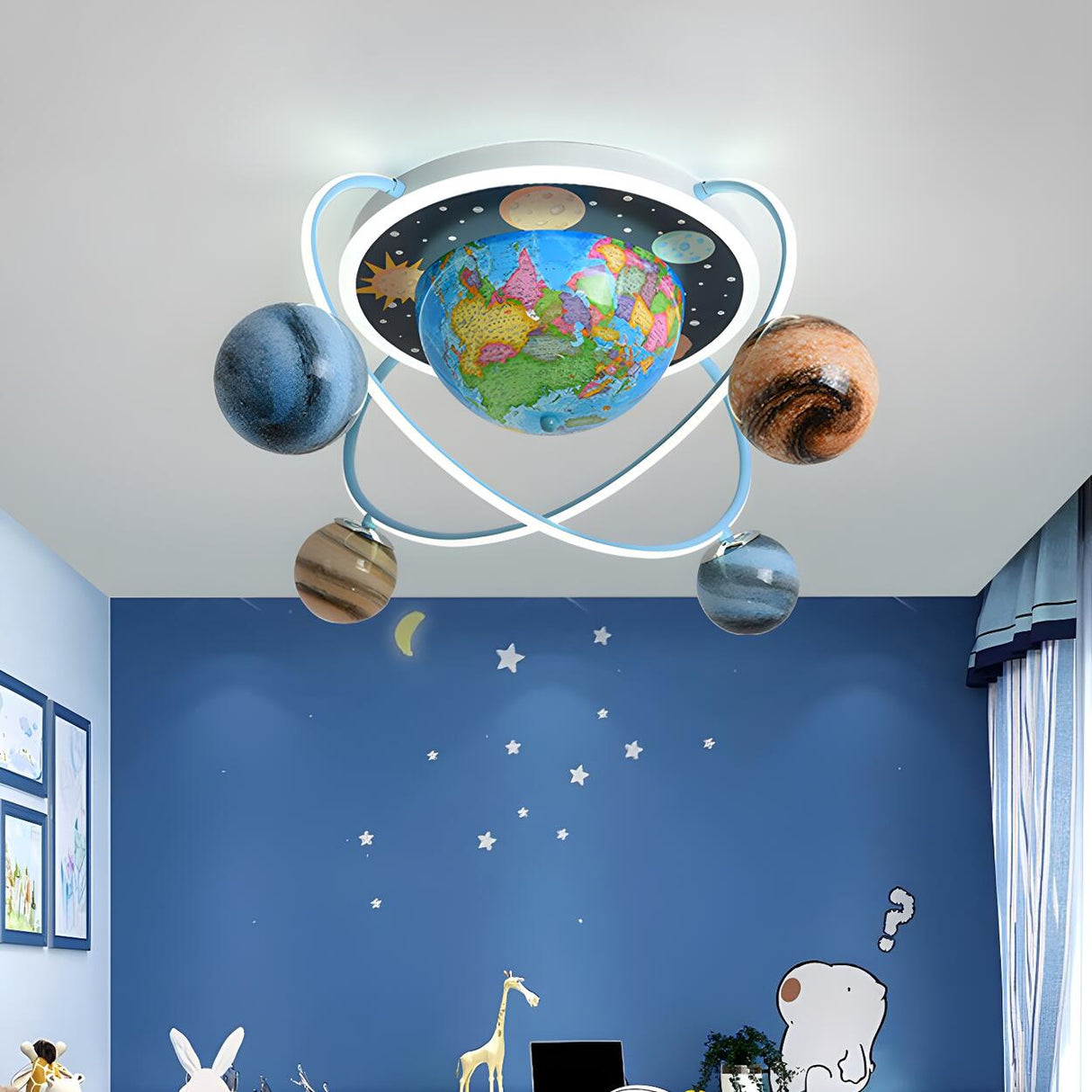 Child Room Blue Planet Orbit Glass Flush Mount Light Image - 2