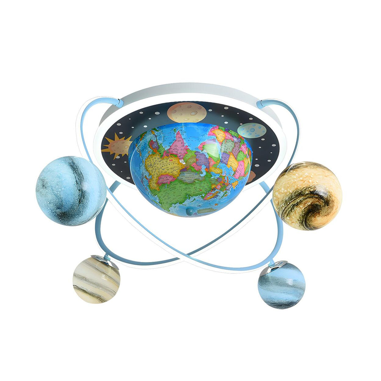 Child Room Blue Planet Orbit Glass Flush Mount Light Image - 3