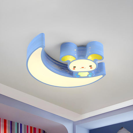 Child Room Cartoon Blue Moon Bunny LED Flush Mount Lamp Image - 1