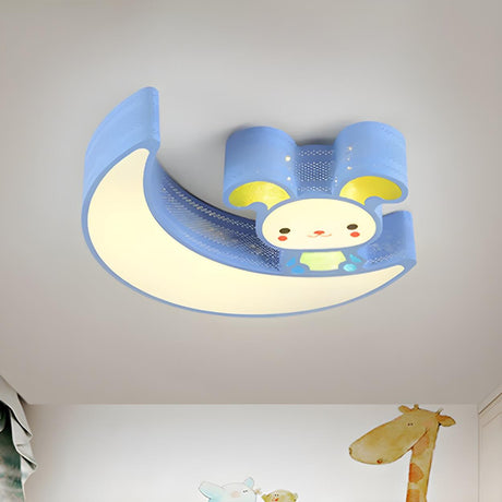 Child Room Cartoon Blue Moon Bunny LED Flush Mount Lamp Image - 2