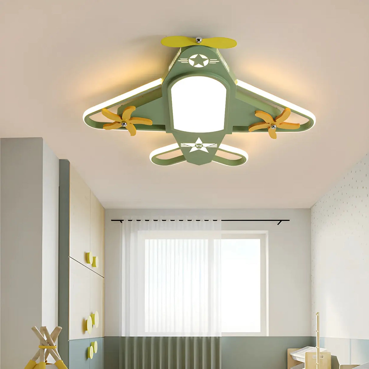 Child Room Large Green Airplane LED Flush Mount Light Image - 1