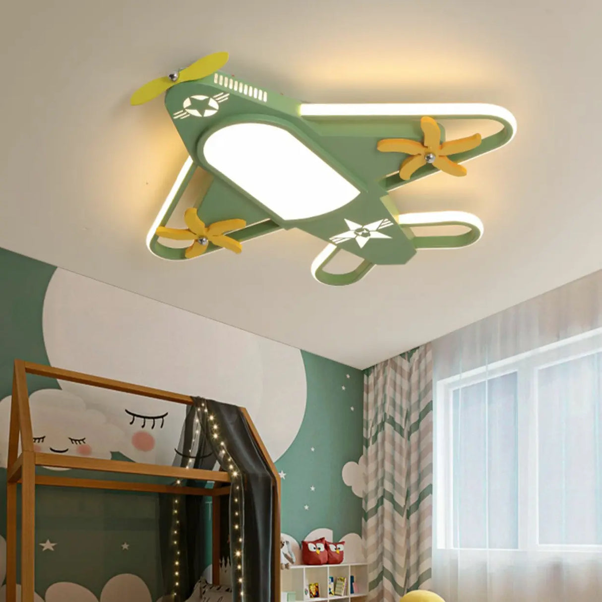 Child Room Large Green Airplane LED Flush Mount Light Image - 2