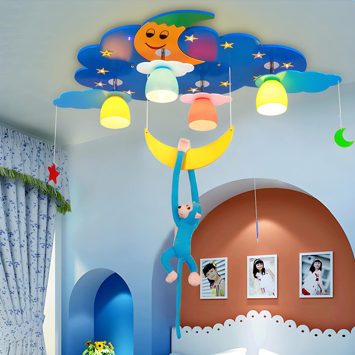 Child Room Night Sky Hanging Monkey Flush Mount Light Image - 1